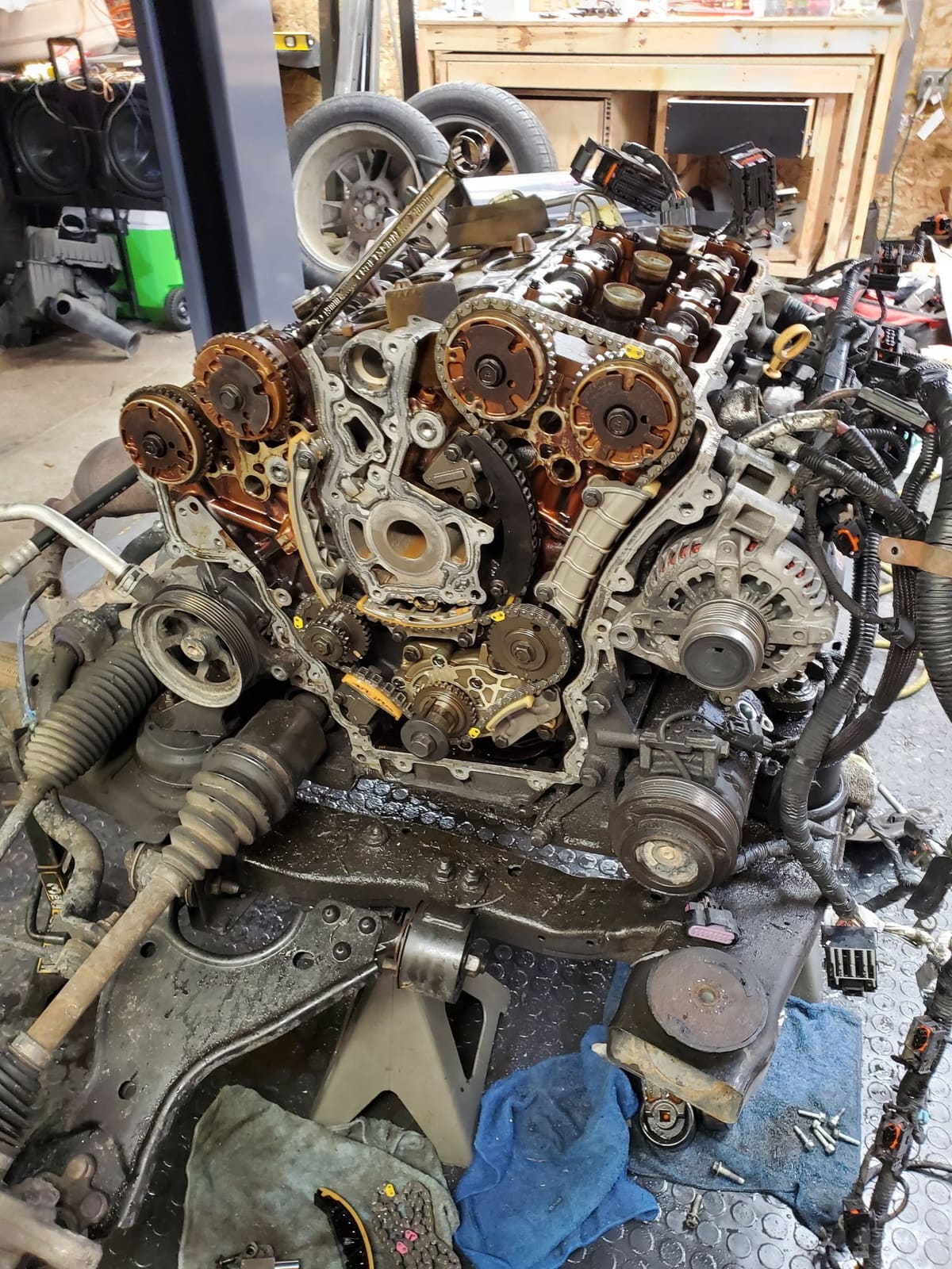 Timing and gasket repair · engine bay disassembled